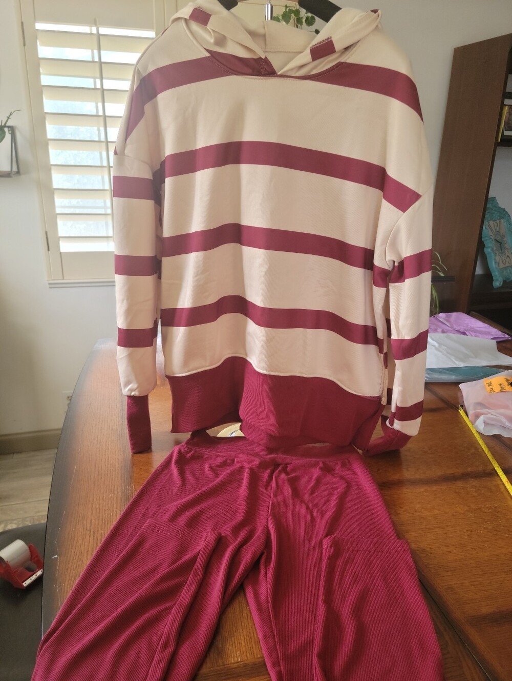 Striped Hooded Lounge Set in Cream and Berry